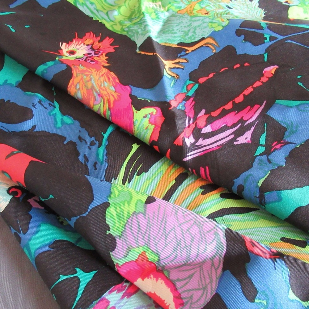 Vintage Ken Scott Scarf Womens Silk Dark Tropical Jungle Birds Novelty Colorful - Picture 8 of 15